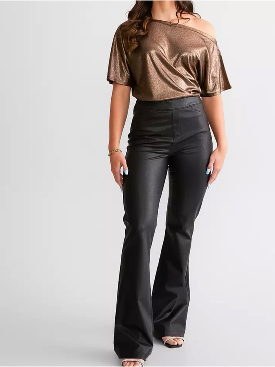 Buckle Pants - Buckle Black Faux Leather Flare Pants